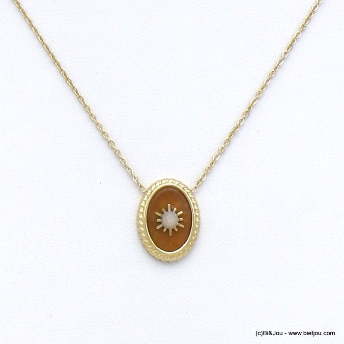 collier pendendif ovale pierre naturelle étoile polaire acier inoxydable 0120015 cognac