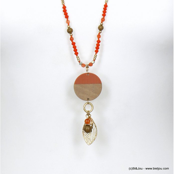 sautoir plage pendentif bois resine colorée feuille métal cristal femme 0120086 rouge bordeaux
