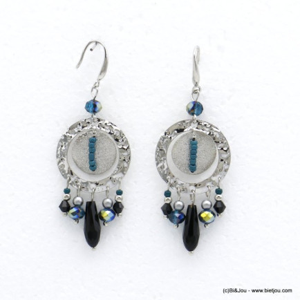 Boucles d'oreilles boho anneau métal martelé pampilles cristal femme 0319519 bleu foncé