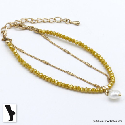 bracelet de cheville double-rang perle eau douce cristal  chaîne métal femme 0220118