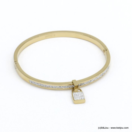 bracelet ouvrable cadenas strass acier inoxydable femme 0220087 doré
