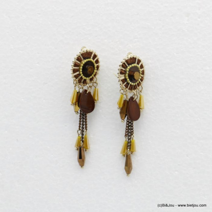 boucles d'oreilles clip hippie chic rondes métal avec fil coton et pampilles cristal nacre femme 0319511