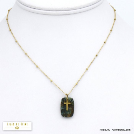 collier pendentif agate pierre croix acier inoxydable femme 0120523