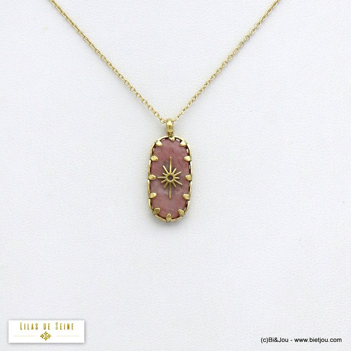 collier pendentif agate pierre soleil acier inoxydable femme 0120525 rose nude