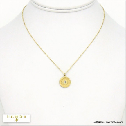 collier pendentif rond soleil gravé strass acier inoxydable femme 0120566