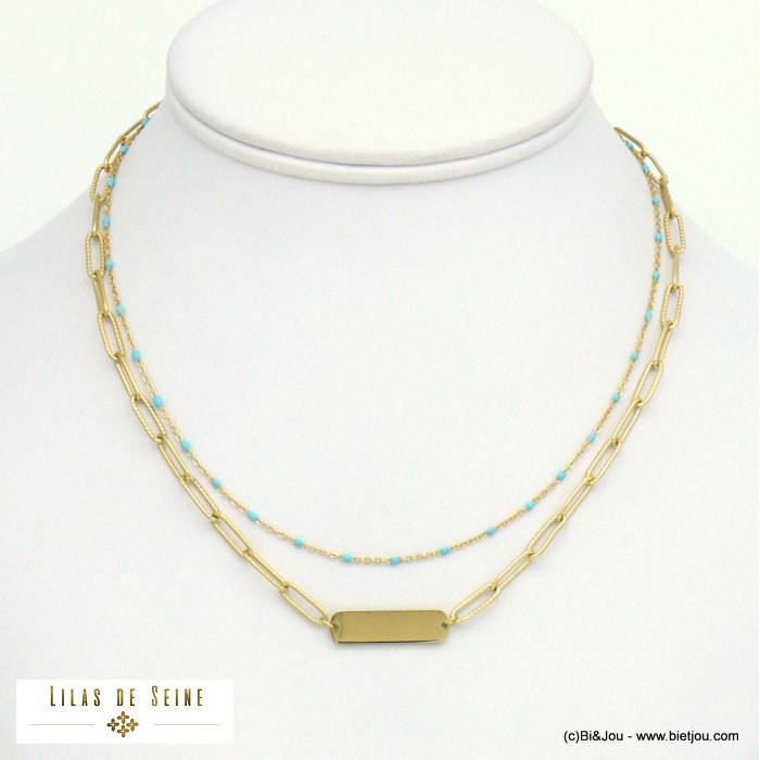 collier double-rang plaque rectangle acier inoxydable femme 0121021