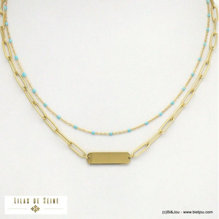 collier double-rang plaque rectangle acier inoxydable femme 0121021 bleu turquoise