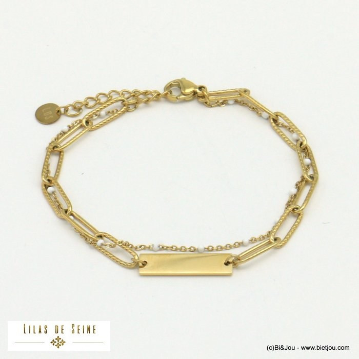 bracelet double-rang plaque rectangle acier inoxydable femme 0221014