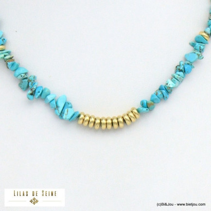 collier éclats pierre chaîne mailles rectangulaires acier inoxydable femme 0121020 bleu turquoise