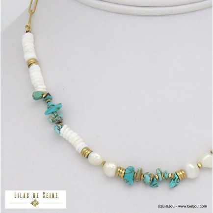 collier surfeur pierre perle nacre acier inoxydable femme 0121077 bleu turquoise