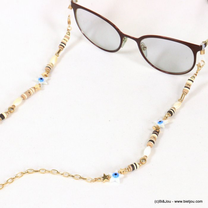 chaîne de lunettes oeil bleu étoiles nacre perles Heishi femme 0621033 naturel/beige