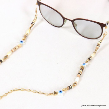 chaîne de lunettes oeil bleu étoiles nacre perles Heishi femme 0621033 naturel/beige