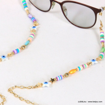 chaîne de lunettes oeil bleu étoiles nacre perles Heishi femme 0621033 multi
