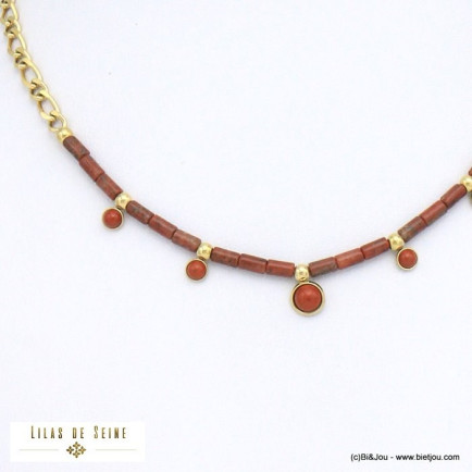 collier tubes cabochons pierre acier inoxydable femme 0121505 rouge bordeaux