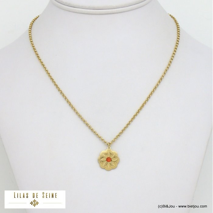 collier pendentif fleur cabochon pierre acier inoxydable femme 0121509 rouge bordeaux