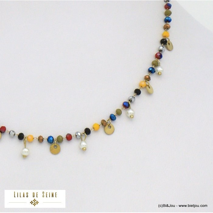 collier cristal imitation perle sequins acier inoxydable femme 0121521 multi