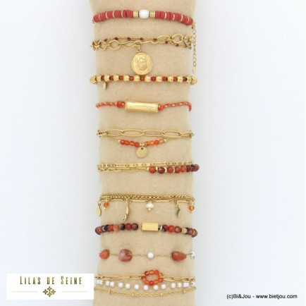 ensemble de 10 bracelets dorés scarabée feuille étoile pierre acier inoxydable femme 0221546 rouge bordeaux