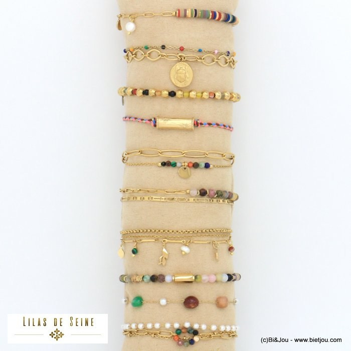ensemble de 10 bracelets dorés scarabée feuille étoile pierre acier inoxydable femme 0221546 multi
