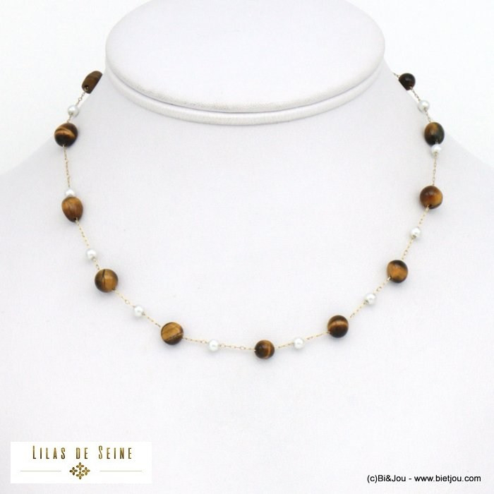collier éclats pierre perles acrylique acier inoxydable femme 0121537
