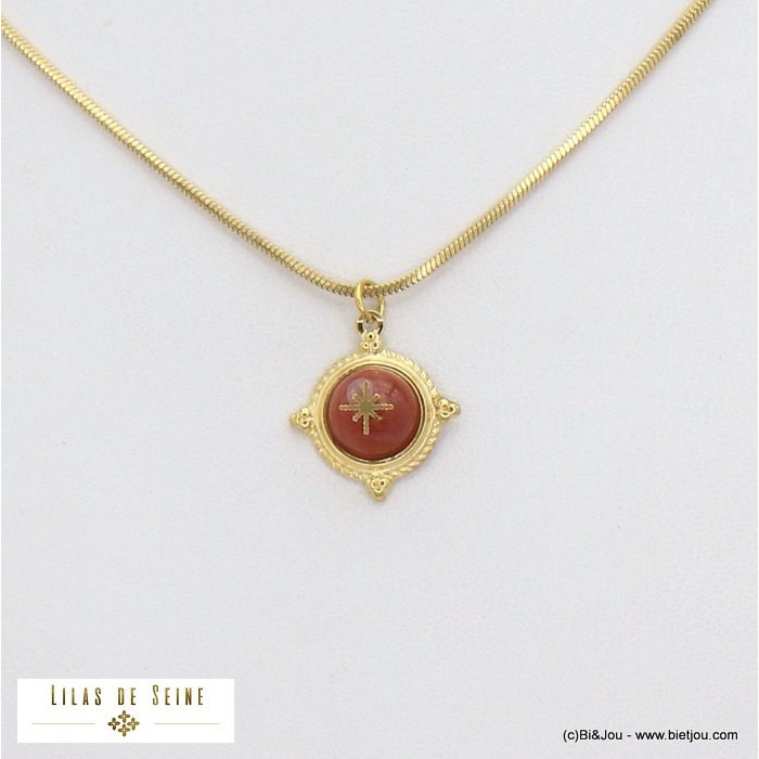 collier étoile cabochon pierre acier inoxydable femme 0121540 rouge bordeaux