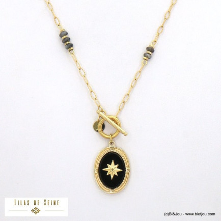 collier étoile cabochon pierre fermoir T batonnet acier inoxydable femme 0121560 noir