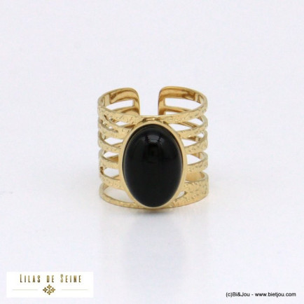 bague large ajourée cabochon pierre acier inoxydable femme 0421045 noir