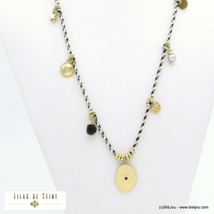 collier étoile pierre cordon tressé coton pampille acier inoxydable femme 0121561 noir