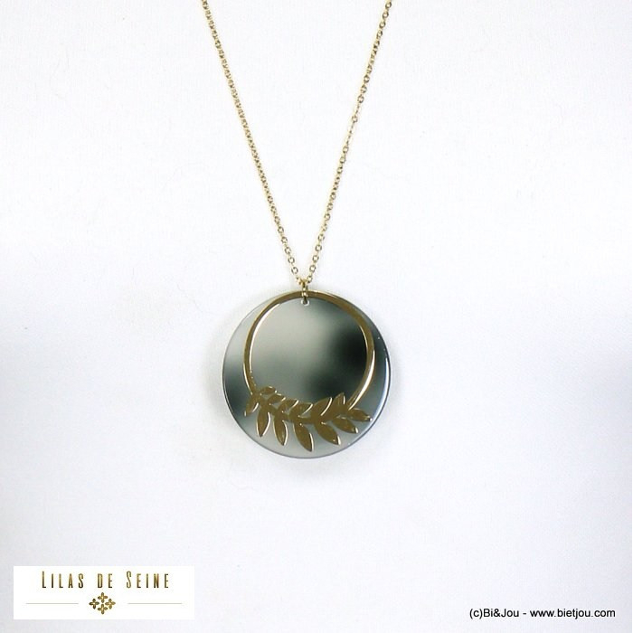 sautoir pendentif écaille de tortue résine couronne laurier acier inoxydable femme 0121593 gris clair