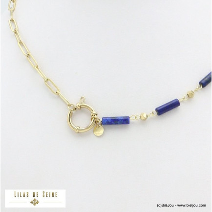 collier tubes pierre acier inoxydable femme 0121557 bleu foncé