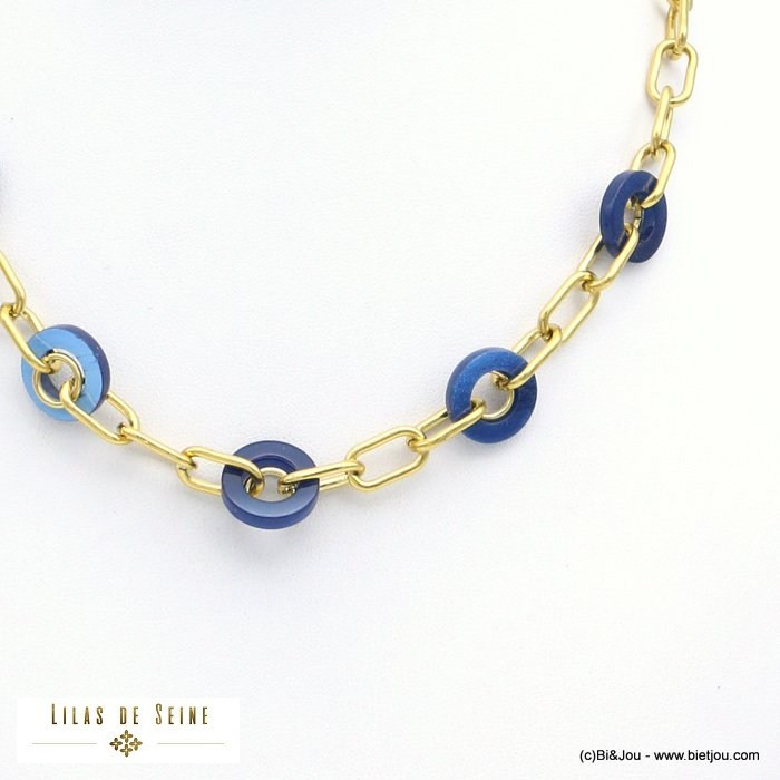 collier anneaux résine marbrée chaîne maille rectangulaire acier inoxydable femme 0121531 bleu foncé