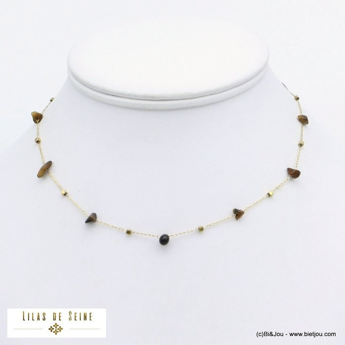 collier éclats billes pierre naturelle acier inoxydable femme 0121582