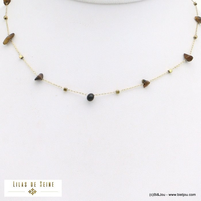 collier éclats billes pierre naturelle acier inoxydable femme 0121582 marron