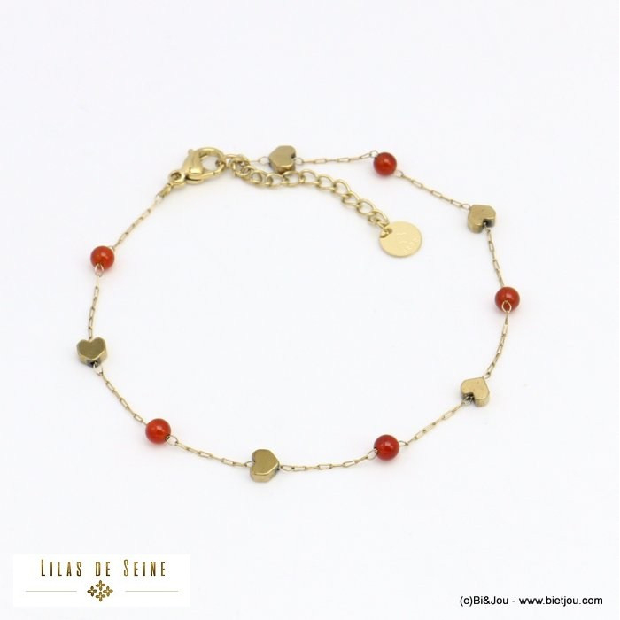 bracelet billes pierre naturelle coeurs acier inoxydable femme 0221584