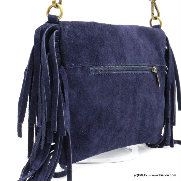 sac pochette rabat plié franges CUIR façon daim femme 0922002 bleu foncé