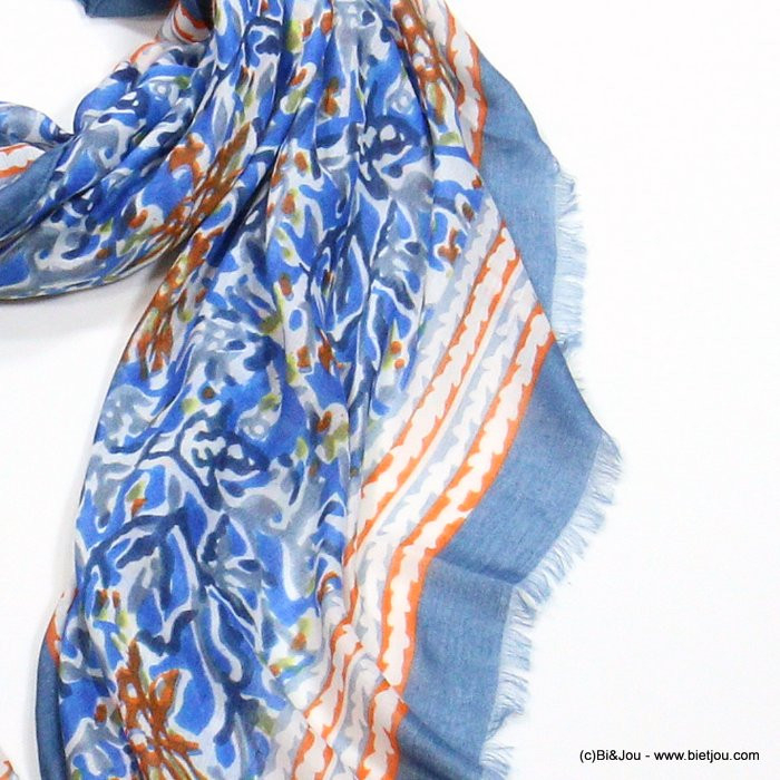 foulard imprimé fleurs effet peinture 80% viscose 20% coton femme 0722010 bleu foncé