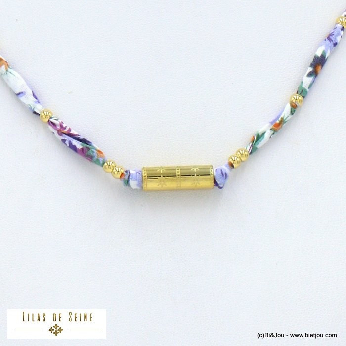 collier tube étoile acier inoxydable tissu fleuri femme 0122001 violet