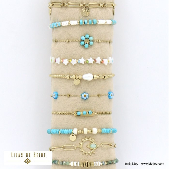 Ensemble de 10 bracelets soleil fleur étoile serpent perle nacre strass  acier inoxydable femme 0223160
