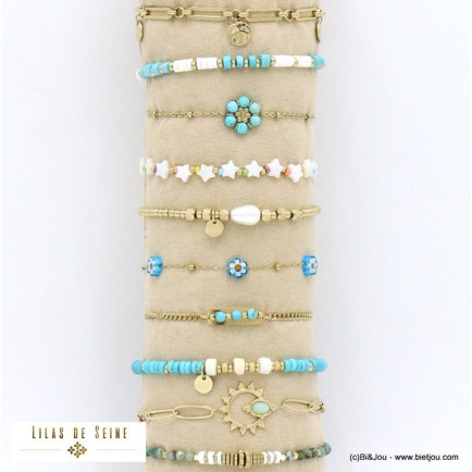 ensemble de 10 bracelets fleur étoile résine perle pierre nacre acier inoxydable femme 0222038 bleu turquoise