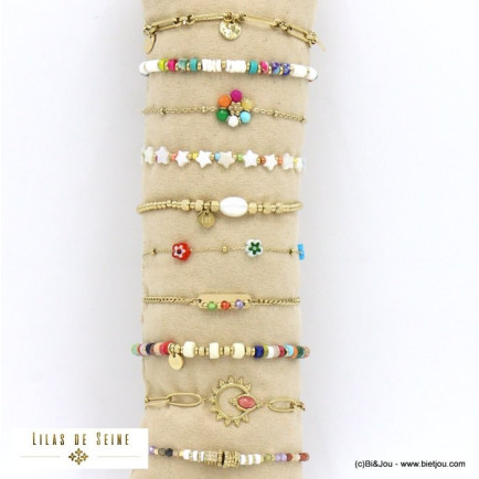 ensemble de 10 bracelets fleur étoile résine perle pierre nacre acier inoxydable femme 0222038 multi