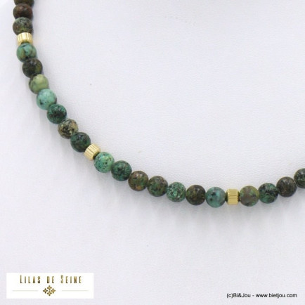 collier acier inoxydable billes rondes pierre femme 0122023 vert foncé