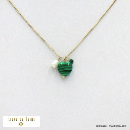 collier acier inoxydable coeur pierre femme 0122038 vert foncé