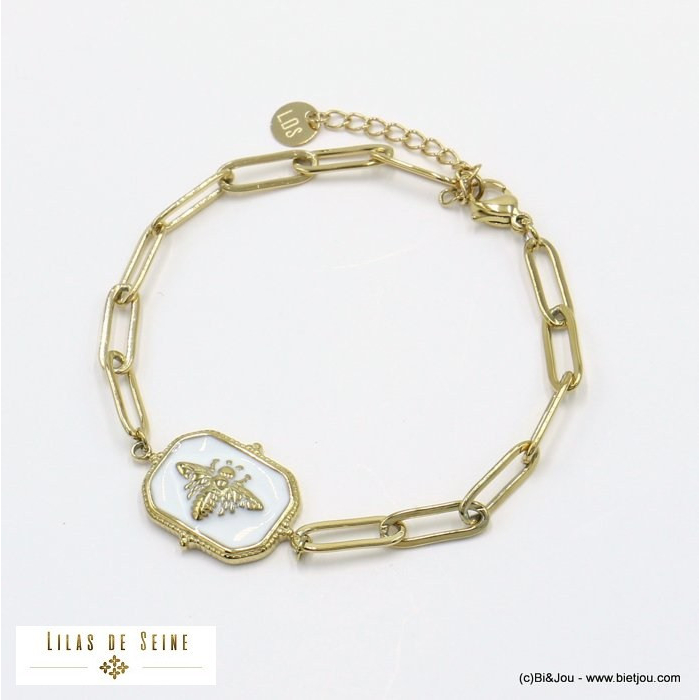 bracelet acier inoxydable abeille émail chaîne mousqueton trombone femme 0222020