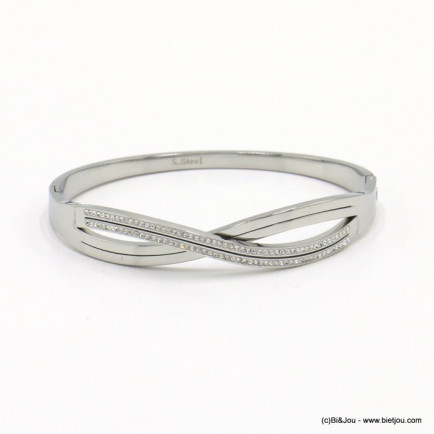 bracelet jonc ouvrable acier inoxydable entrelacé strass femme 0222082