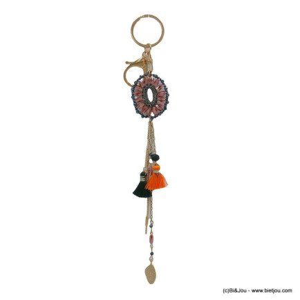porte-clés bijou de sac boho chic anneau tressage feuille métalcristal pompon fil 0822001