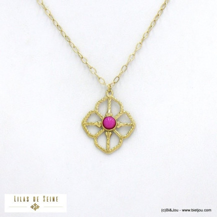 collier acier inoxydable fleur ajourée cabochon pierre femme 0122063 fushia