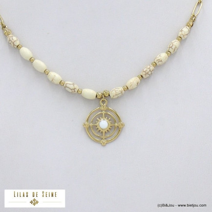 collier acier inoxydable soleil ajouré olives pierre femme 0122058 blanc