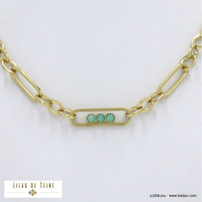 collier acier inoxydable 3 cabochons pierre femme 0122064 bleu turquoise