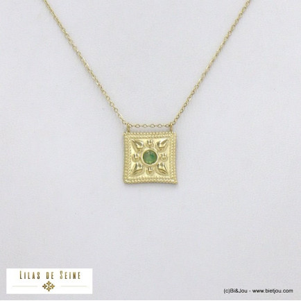 collier acier inoxydable rococo cabochon pierre femme 0122056 vert foncé