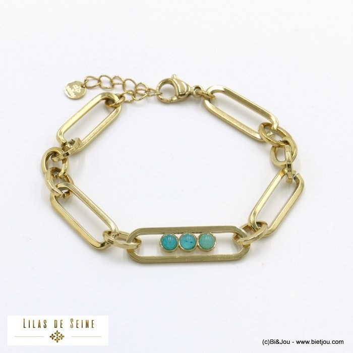 bracelet acier inoxydable 3 cabochons pierre chaîne maille trombone femme 0122066