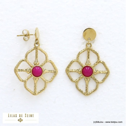 boucles d'oreilles acier inoxydable fleur ajourée cabochon pierre femme 0322040
